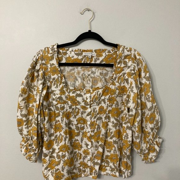 Cupcakes and Cashmere Shirt Size Medium Mustard Green Boho Natural Cropped - Picture 2 of 7